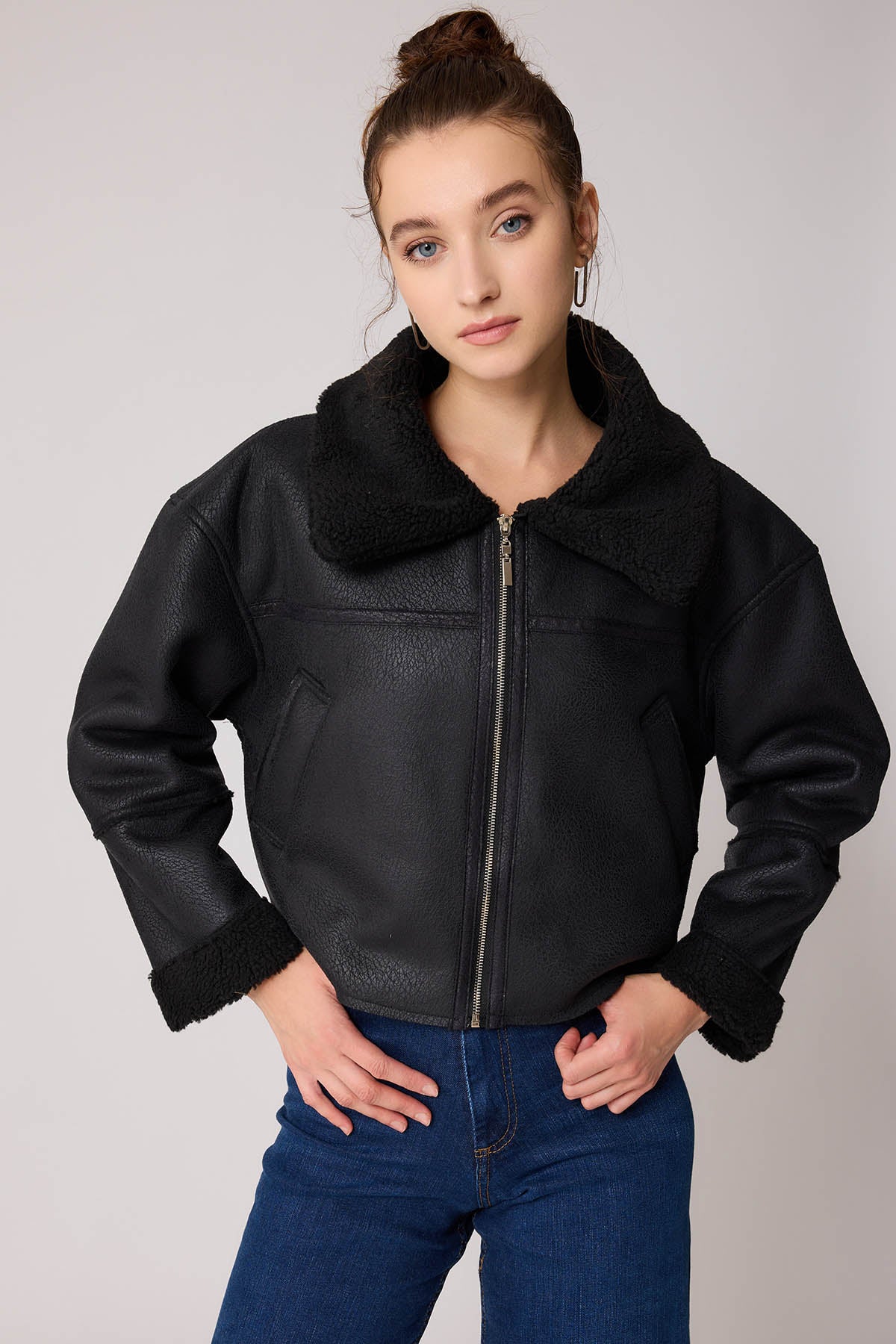 DUAL POCKET FAUX LEATHER BIKER JACKET