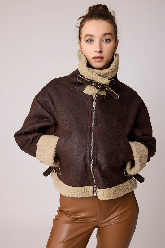 DUAL-POCKET FAUX LEATHER BIKER JACKET