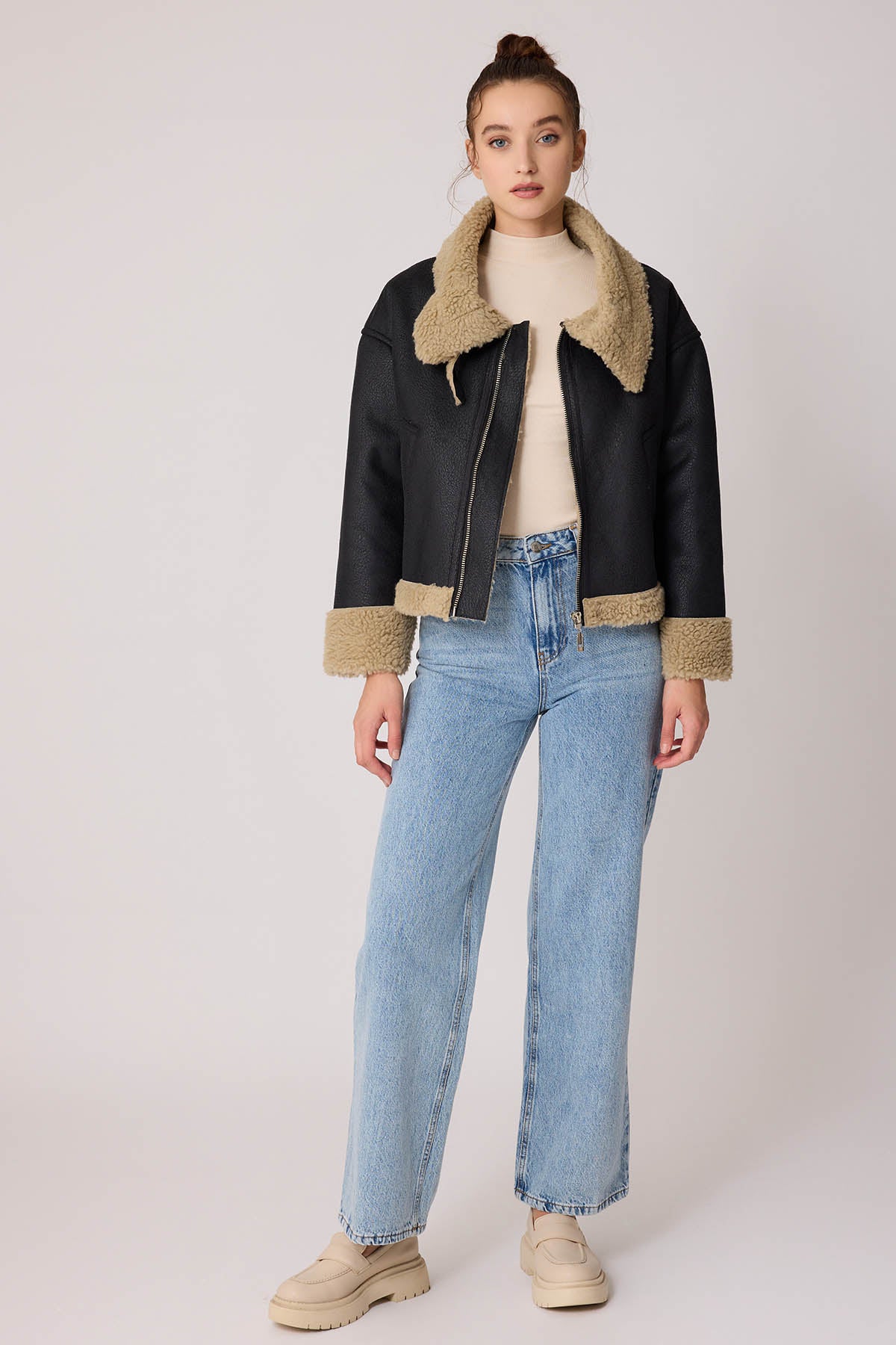 DUAL-POCKET FAUX LEATHER BIKER JACKET