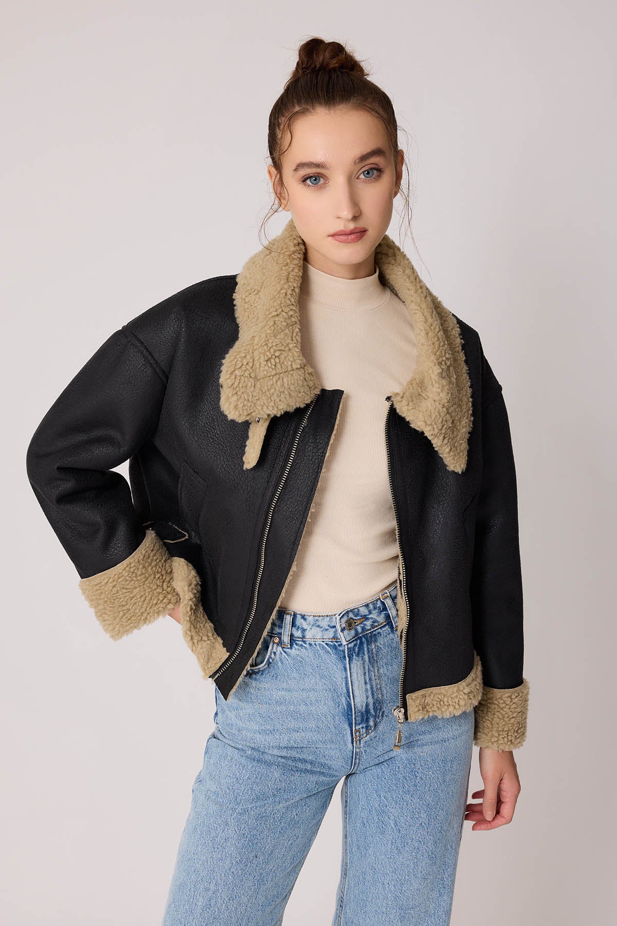 DUAL-POCKET FAUX LEATHER BIKER JACKET