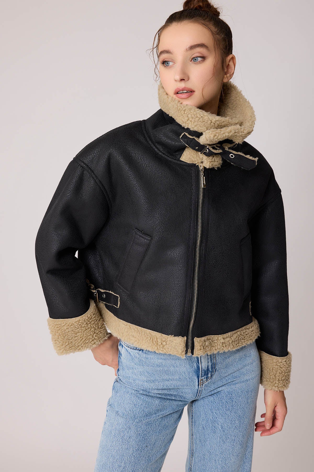 DUAL-POCKET FAUX LEATHER BIKER JACKET