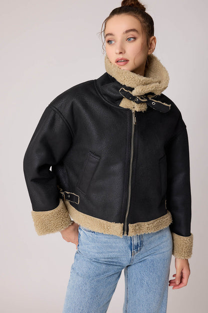 DUAL-POCKET FAUX LEATHER BIKER JACKET