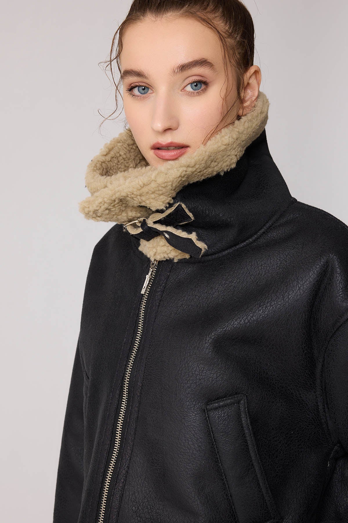DUAL-POCKET FAUX LEATHER BIKER JACKET