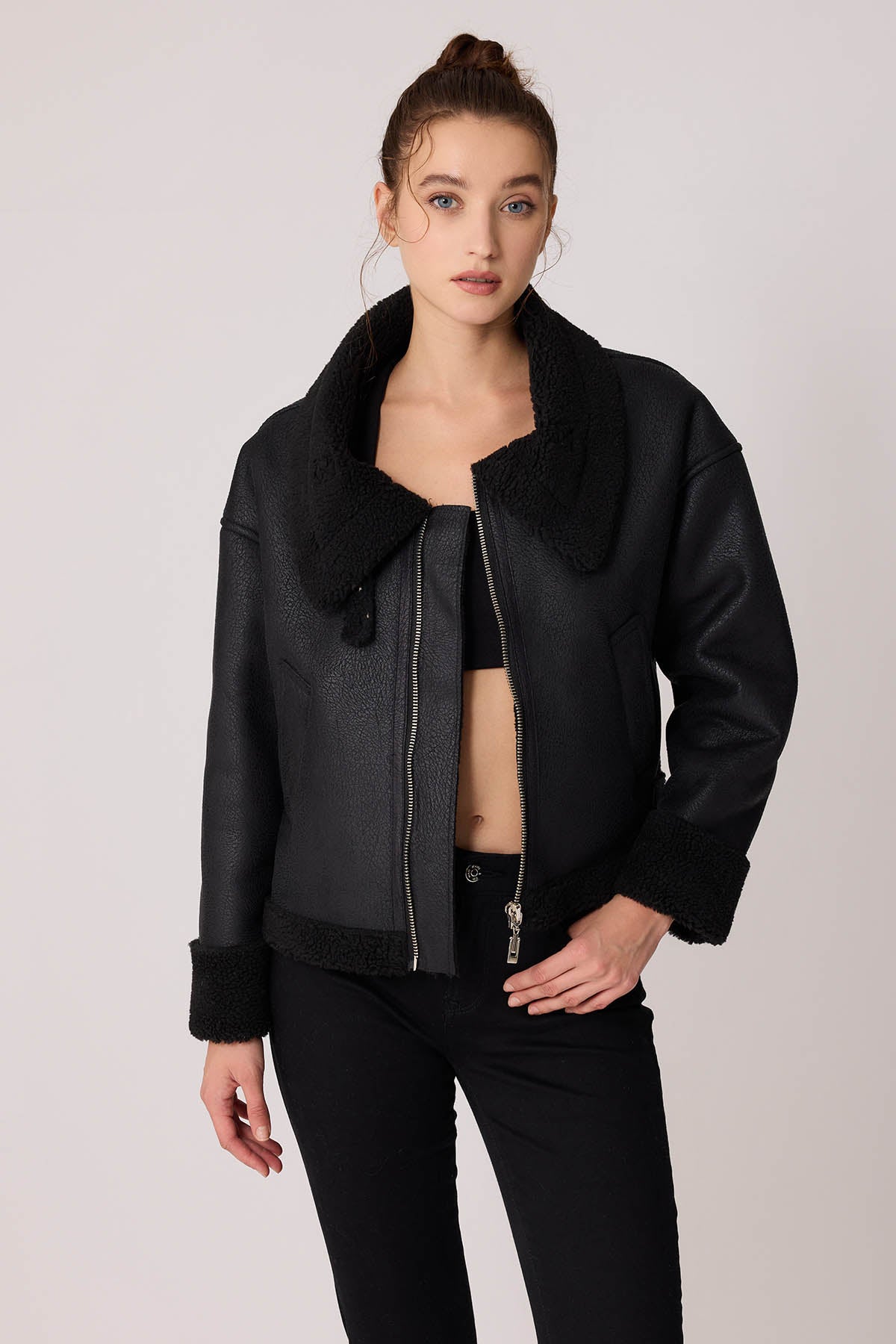 DUAL-POCKET FAUX LEATHER BIKER JACKET