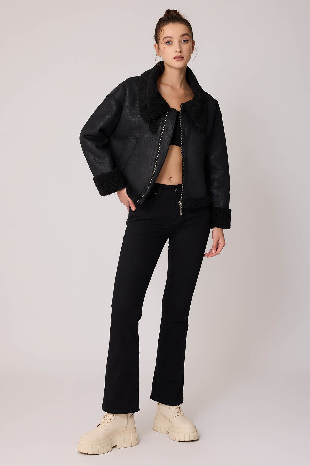 DUAL-POCKET FAUX LEATHER BIKER JACKET