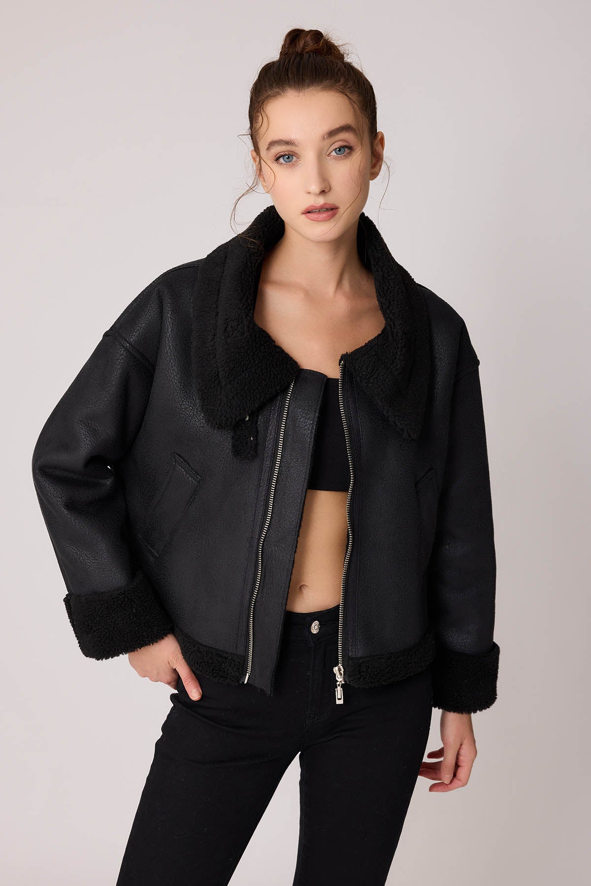 DUAL-POCKET FAUX LEATHER BIKER JACKET