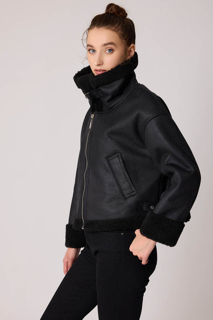 DUAL-POCKET FAUX LEATHER BIKER JACKET