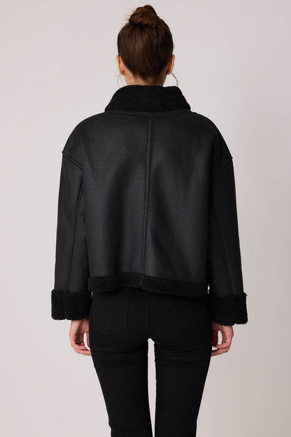 DUAL-POCKET FAUX LEATHER BIKER JACKET