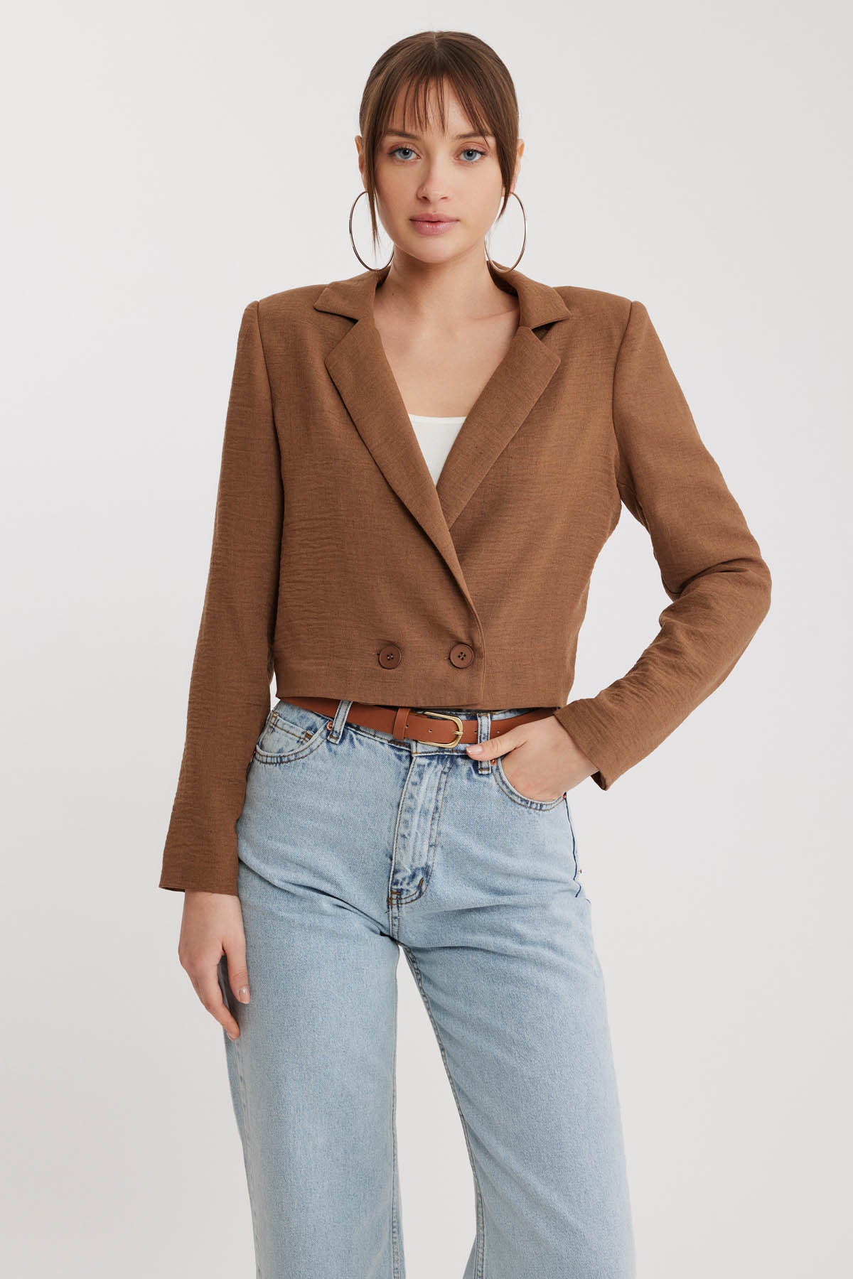 DOUBLE BUTTON  VISCOSE LINEN CROP JACKET