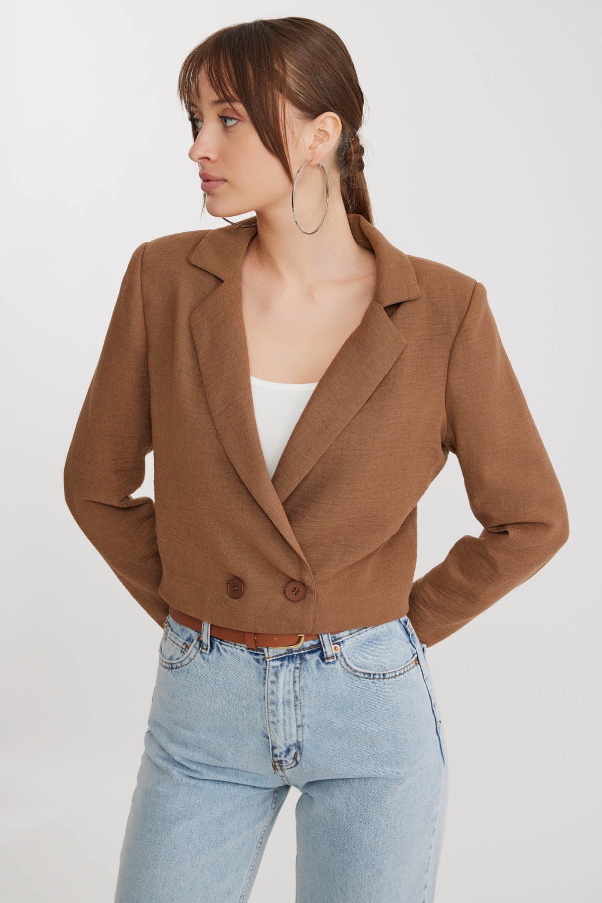 DOUBLE BUTTON  VISCOSE LINEN CROP JACKET