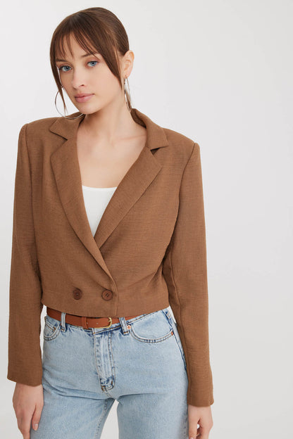 DOUBLE BUTTON  VISCOSE LINEN CROP JACKET