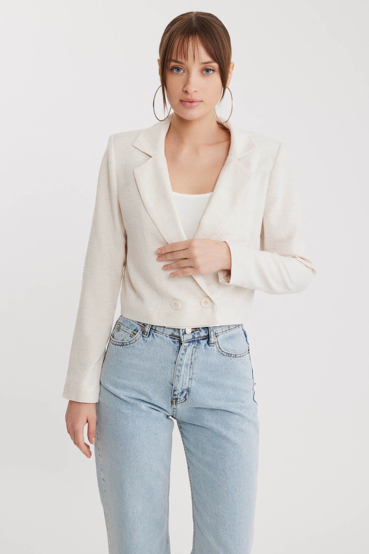 DOUBLE BUTTON  VISCOSE LINEN CROP JACKET