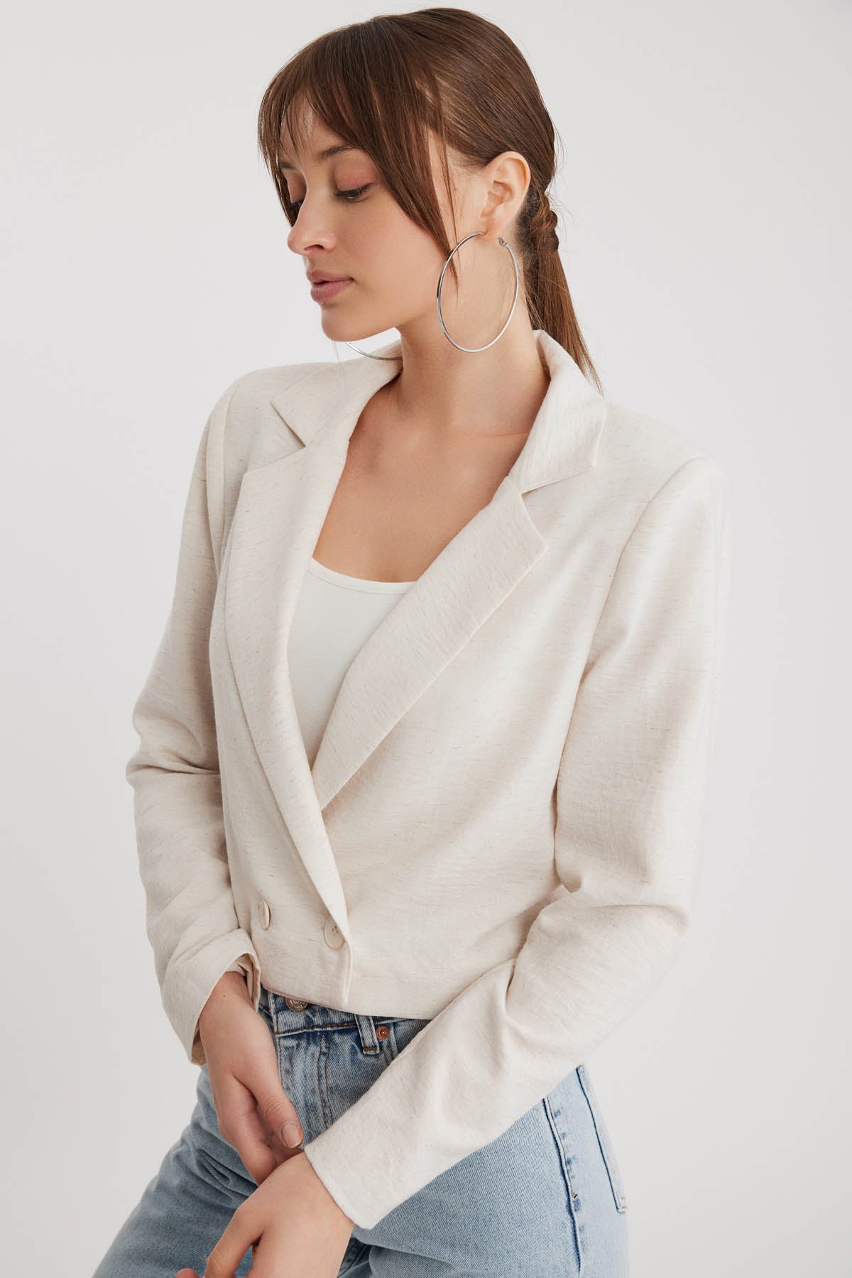 DOUBLE BUTTON  VISCOSE LINEN CROP JACKET