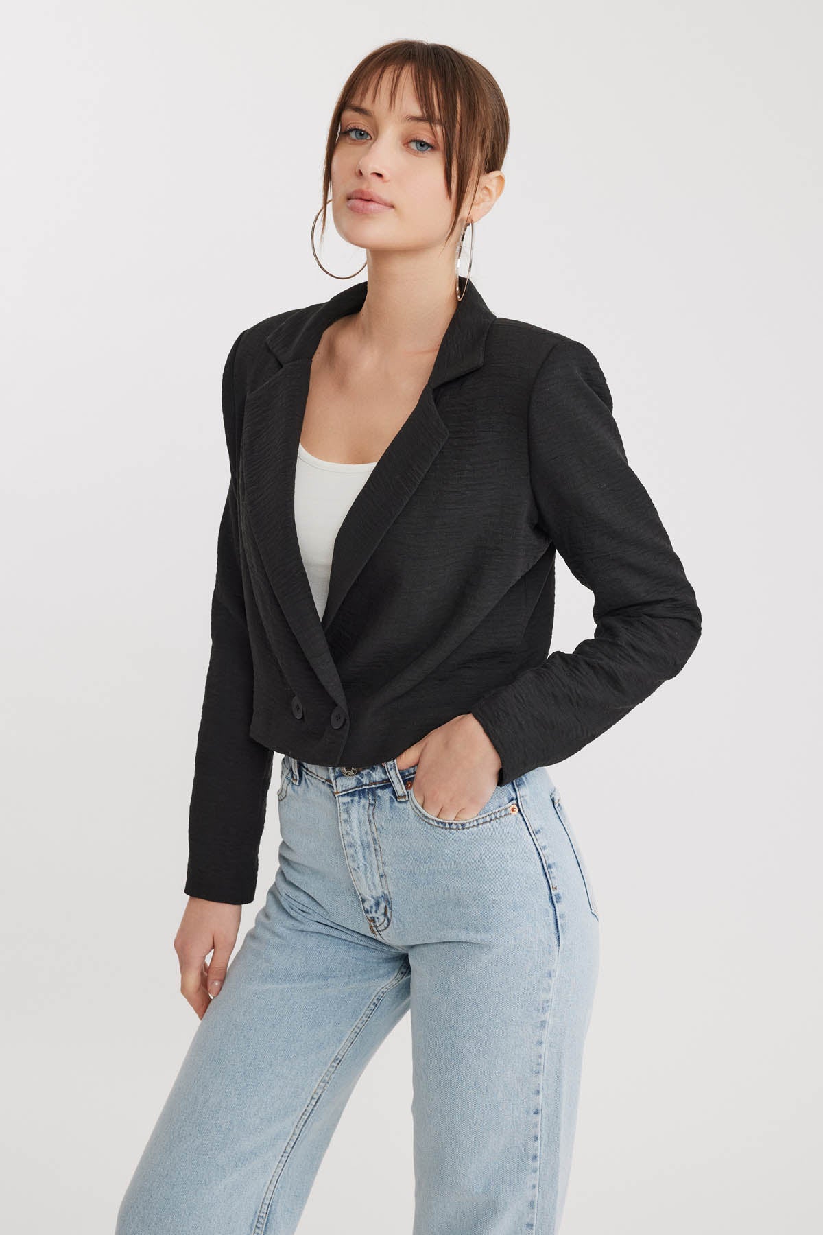 DOUBLE BUTTON  VISCOSE LINEN CROP JACKET