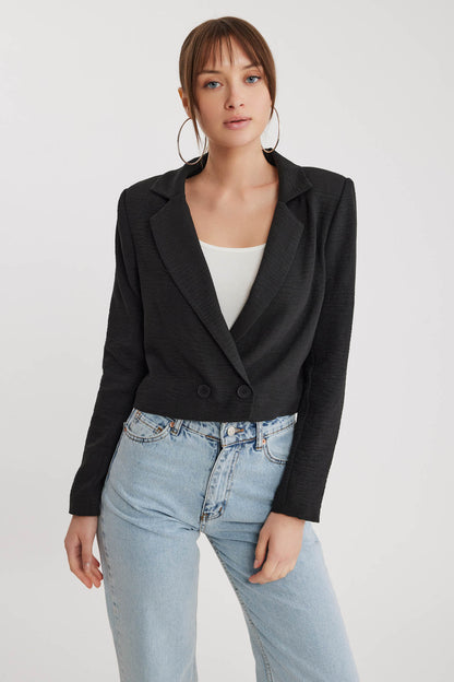 DOUBLE BUTTON  VISCOSE LINEN CROP JACKET