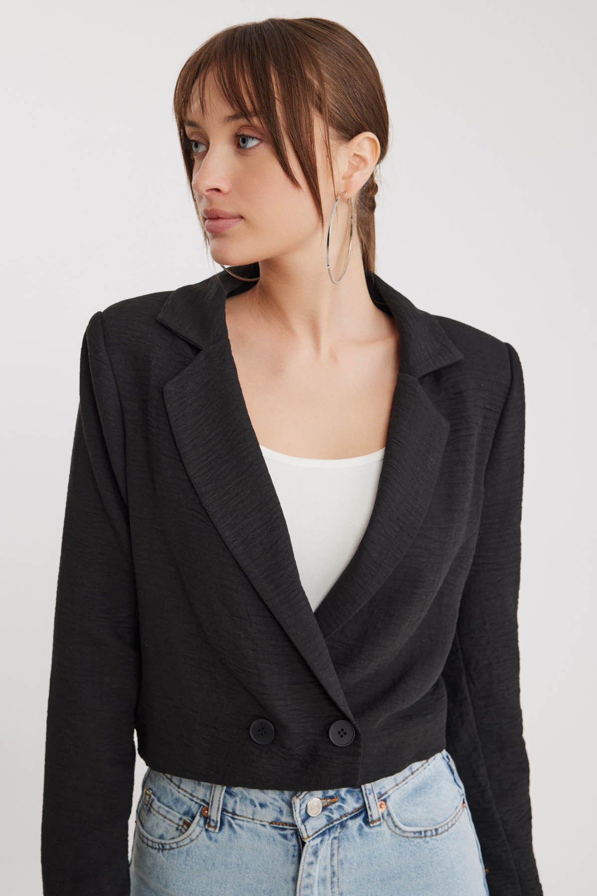 DOUBLE BUTTON  VISCOSE LINEN CROP JACKET
