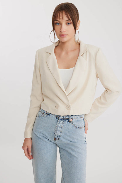 DOUBLE BUTTON  VISCOSE LINEN CROP JACKET