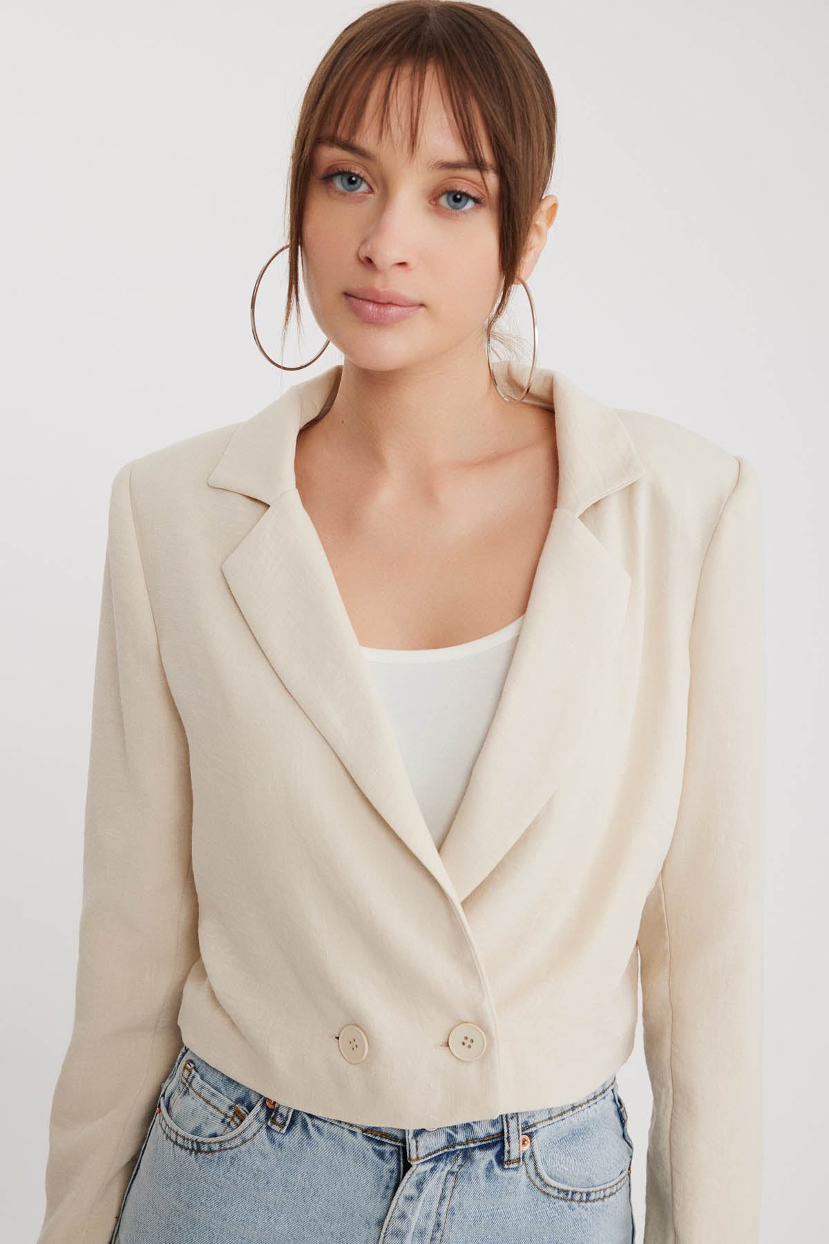 DOUBLE BUTTON  VISCOSE LINEN CROP JACKET