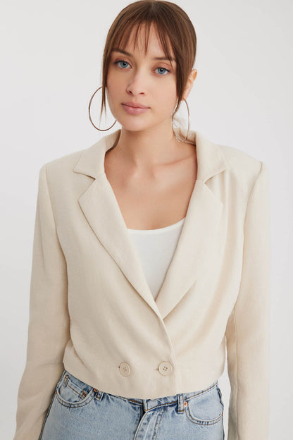 DOUBLE BUTTON  VISCOSE LINEN CROP JACKET