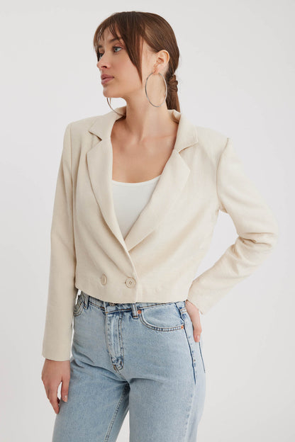 DOUBLE BUTTON  VISCOSE LINEN CROP JACKET