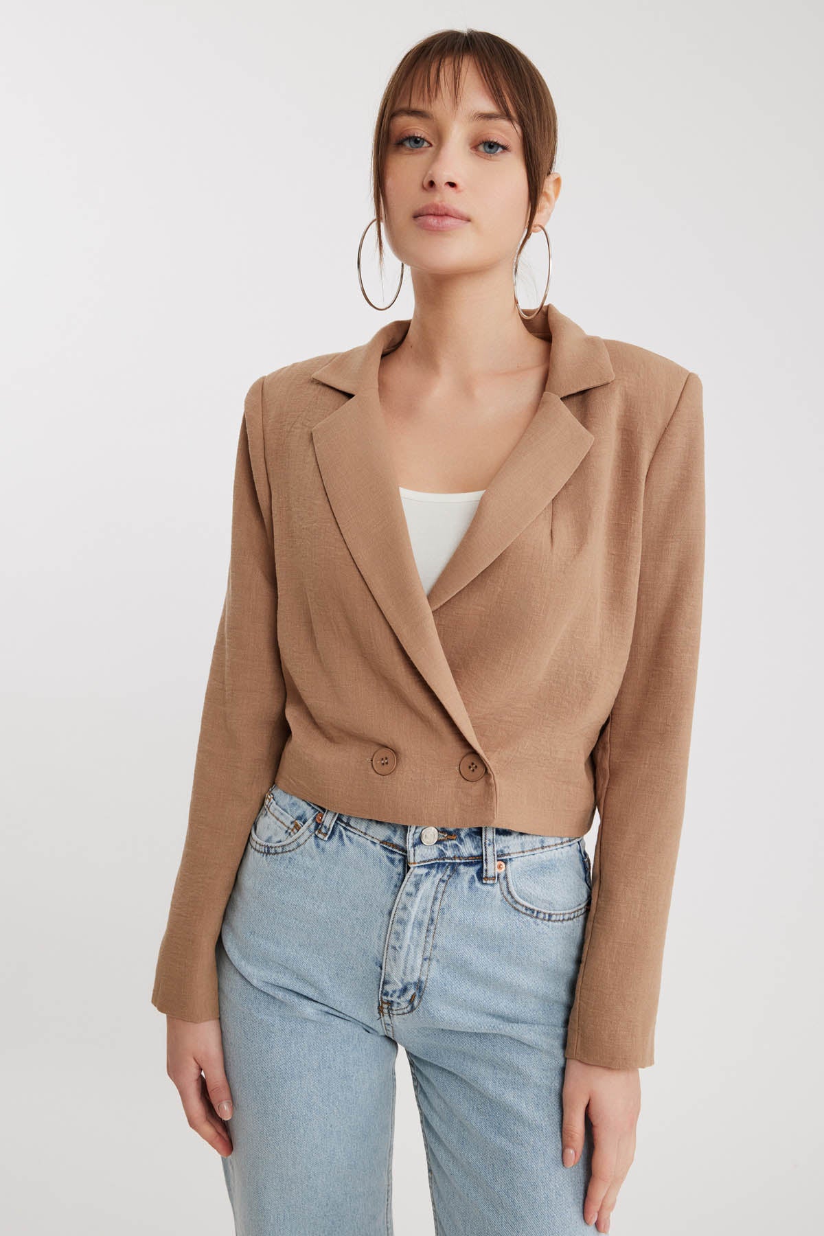 DOUBLE BUTTON  VISCOSE LINEN CROP JACKET