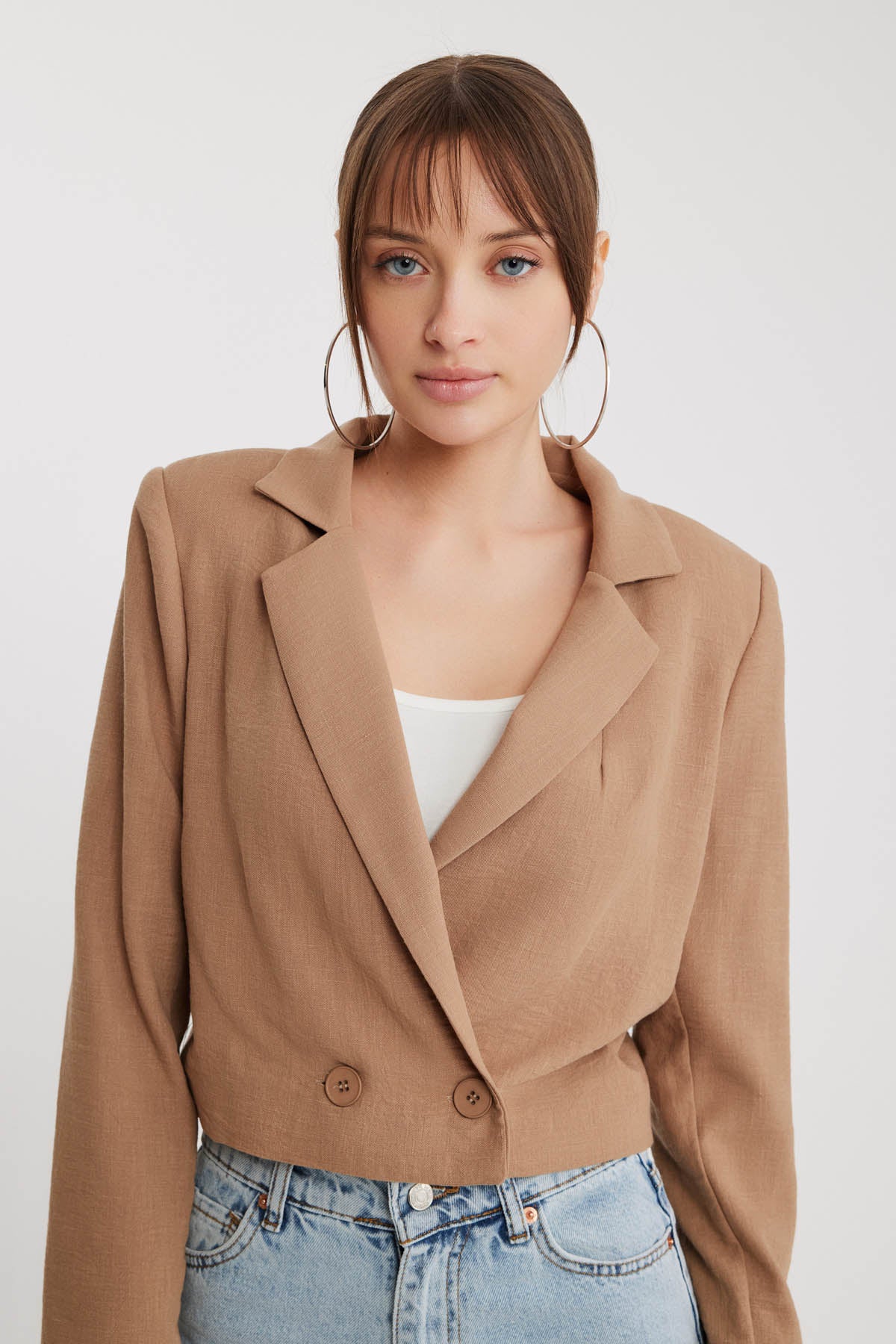 DOUBLE BUTTON  VISCOSE LINEN CROP JACKET