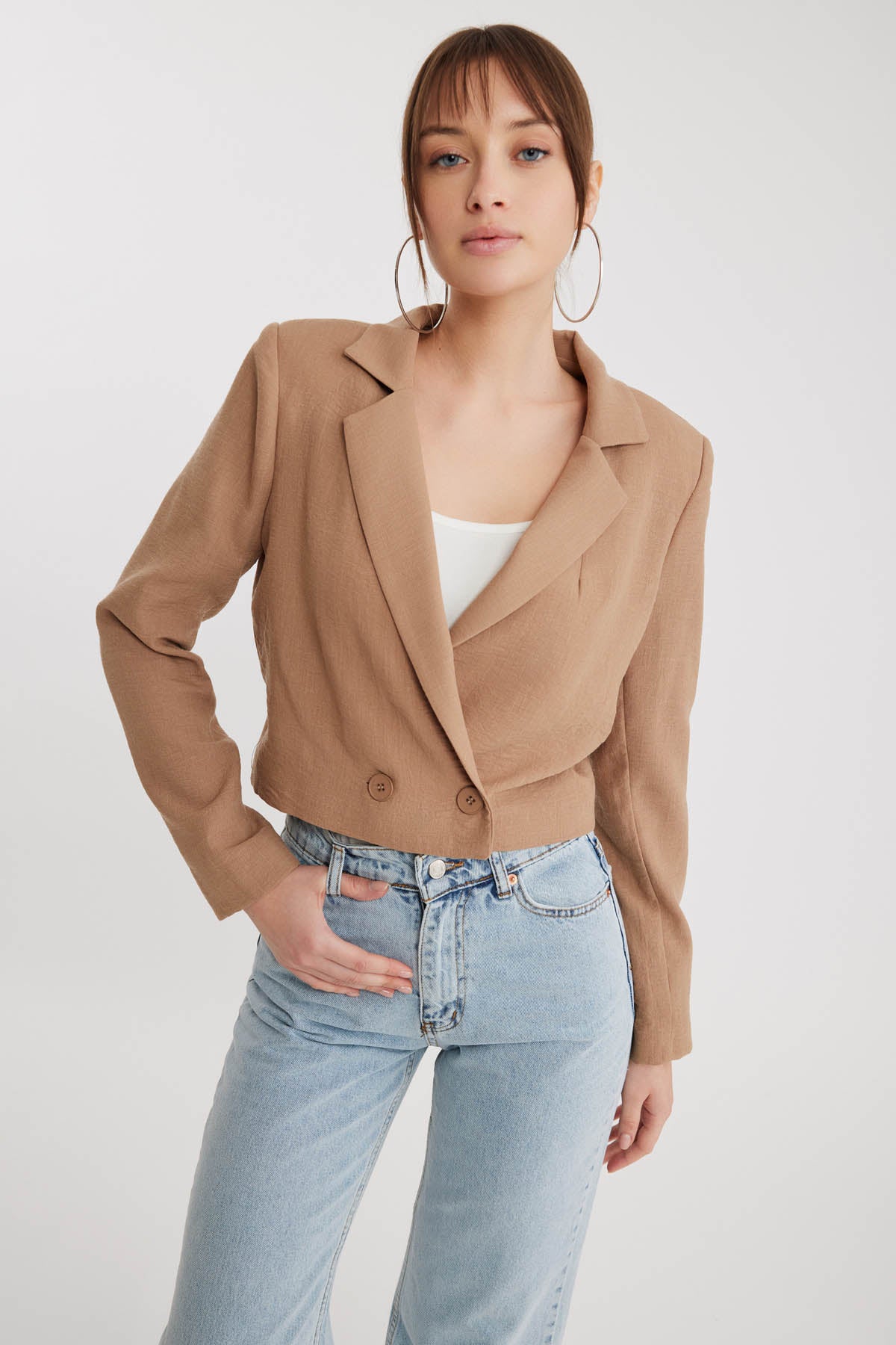 DOUBLE BUTTON  VISCOSE LINEN CROP JACKET