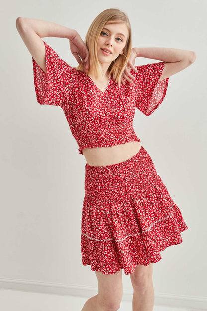 COILED BLOUSE SKIRT SET WITH FLORAL PATTERN