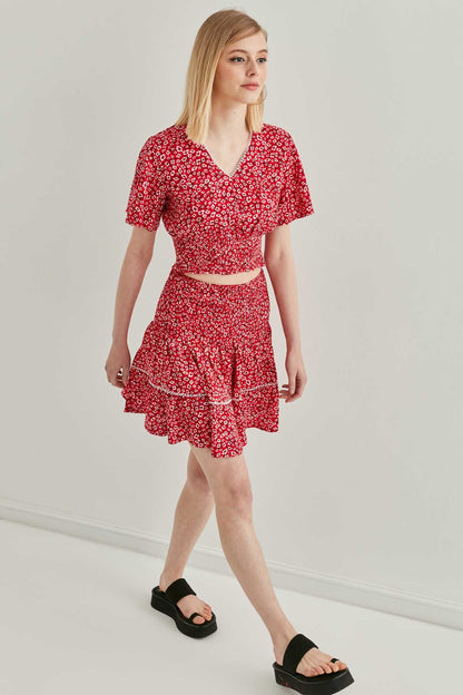 COILED BLOUSE SKIRT SET WITH FLORAL PATTERN