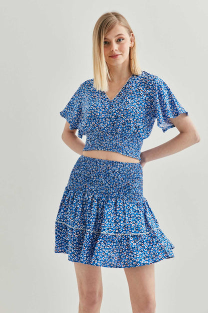 COILED BLOUSE SKIRT SET WITH FLORAL PATTERN