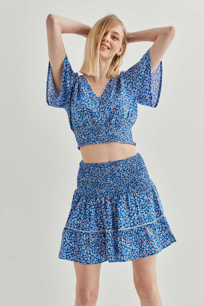 COILED BLOUSE SKIRT SET WITH FLORAL PATTERN