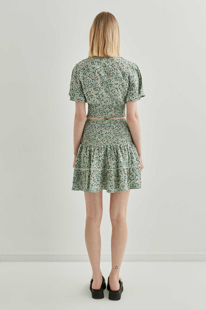 COILED BLOUSE SKIRT SET WITH FLORAL PATTERN