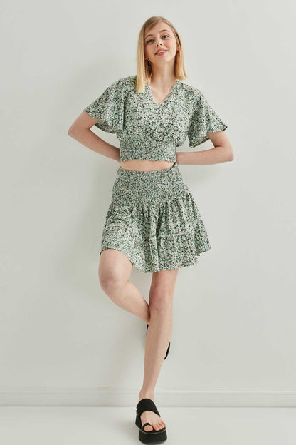 COILED BLOUSE SKIRT SET WITH FLORAL PATTERN
