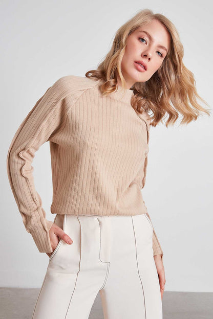 STRIPED KNITTED STITCH DETAILED BLOUSE
