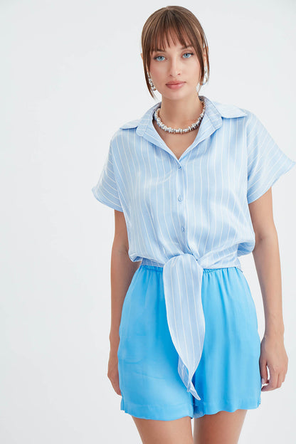 STRIPED GLOSSY SATIN FRONT LINKED SHIRT