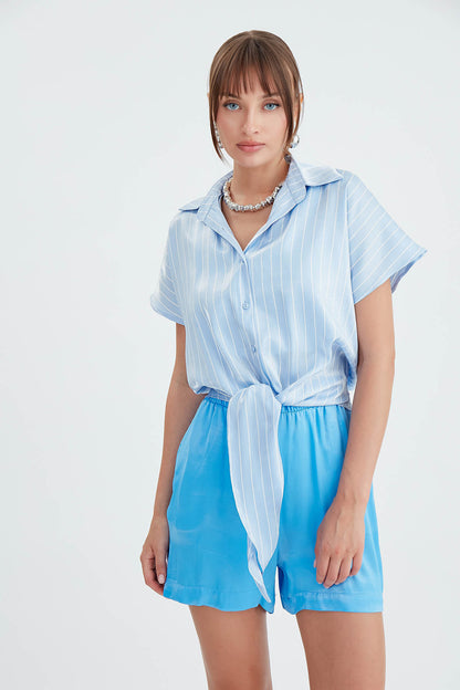 STRIPED GLOSSY SATIN FRONT LINKED SHIRT