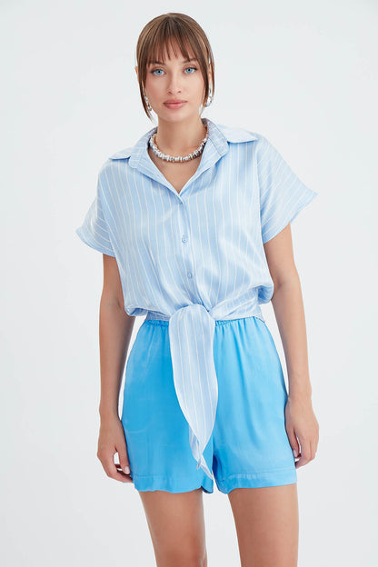STRIPED GLOSSY SATIN FRONT LINKED SHIRT