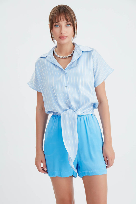 STRIPED GLOSSY SATIN FRONT LINKED SHIRT