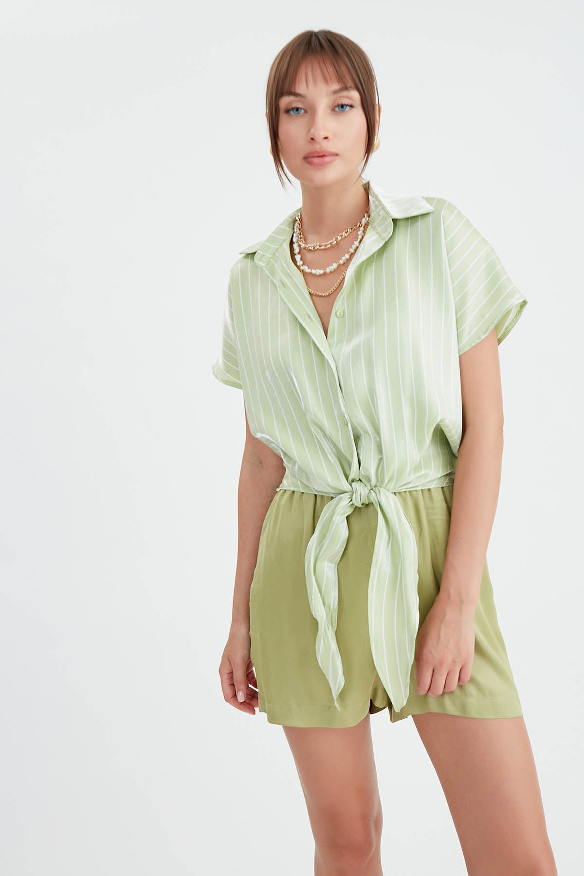 STRIPED GLOSSY SATIN FRONT LINKED SHIRT