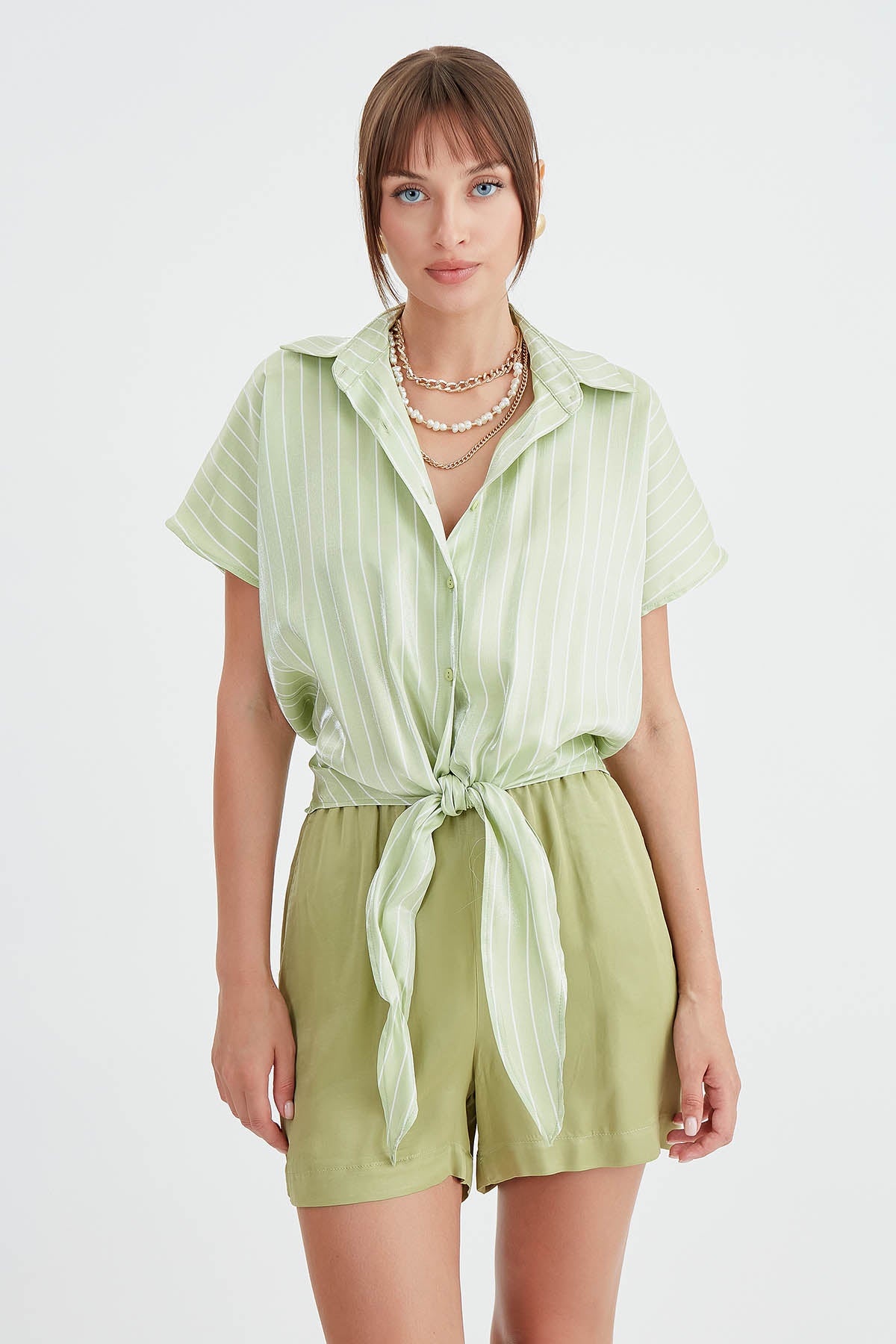 STRIPED GLOSSY SATIN FRONT LINKED SHIRT