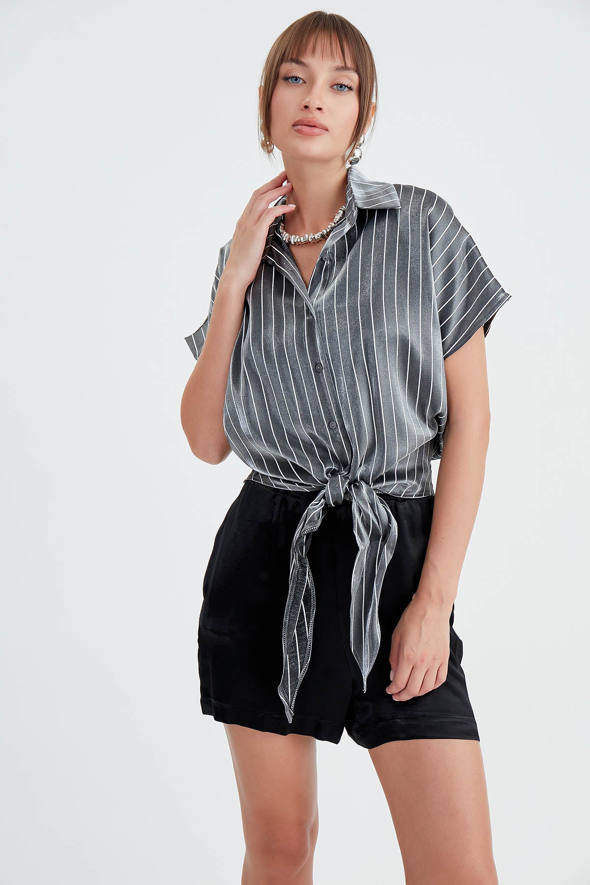 STRIPED GLOSSY SATIN FRONT LINKED SHIRT