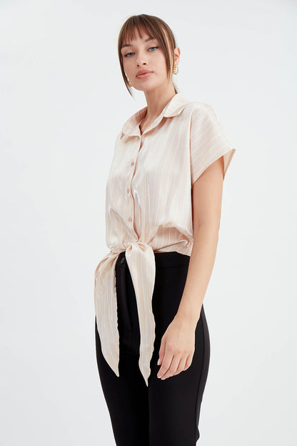 STRIPED GLOSSY SATIN FRONT LINKED SHIRT