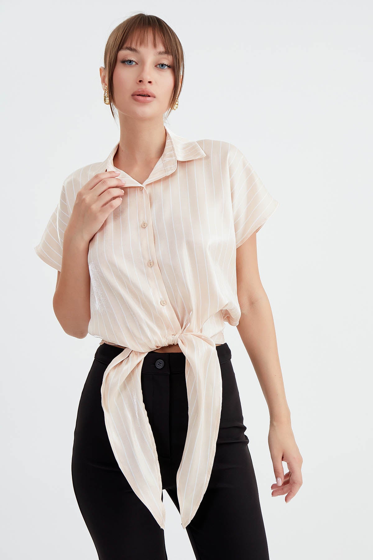 STRIPED GLOSSY SATIN FRONT LINKED SHIRT