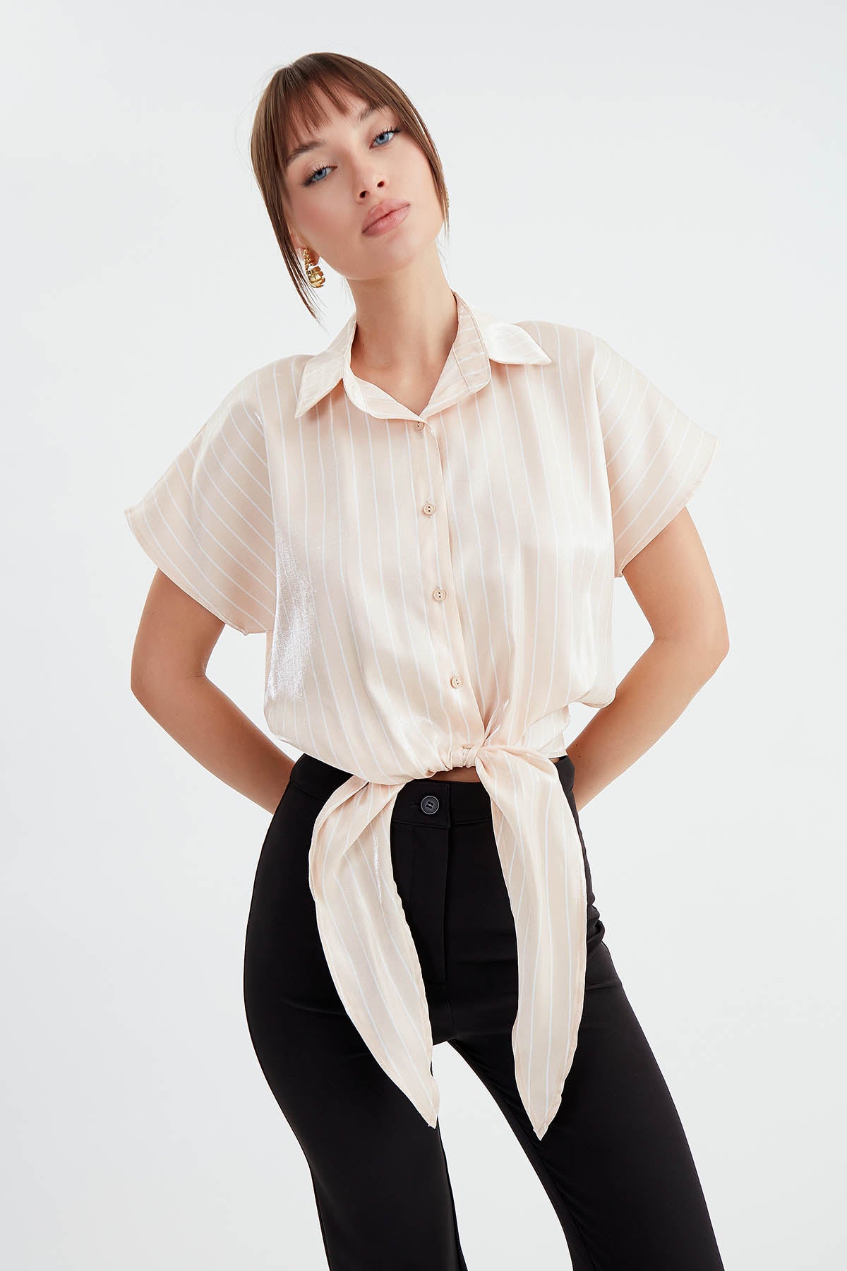 STRIPED GLOSSY SATIN FRONT LINKED SHIRT