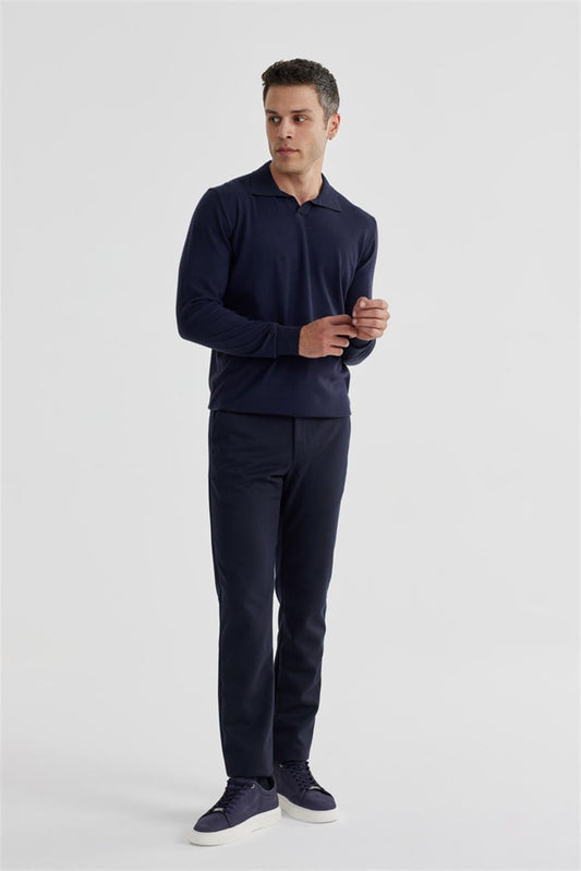 Navy Slim Fit Polo Collar Knitted Sweater
