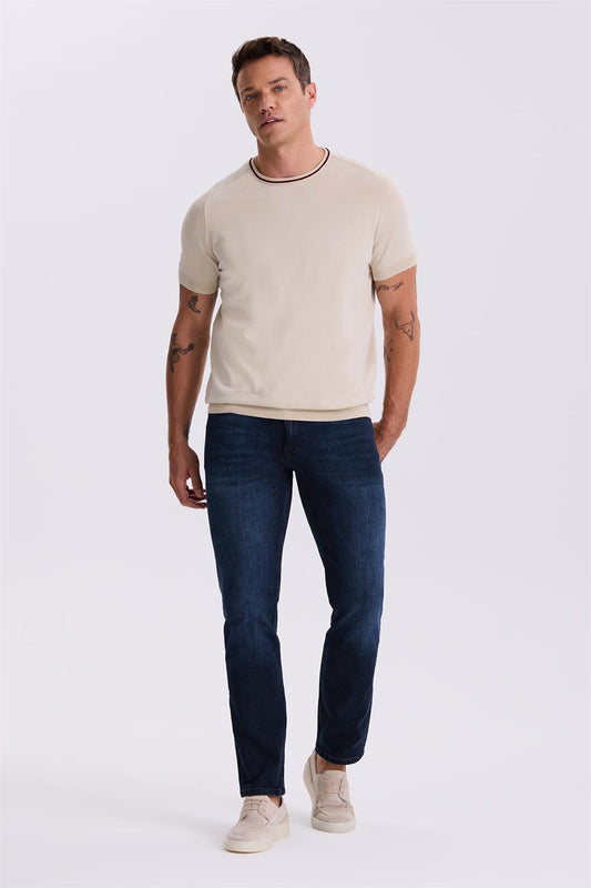 Beige Slim Fit Knitted Round Collar T Shirt.