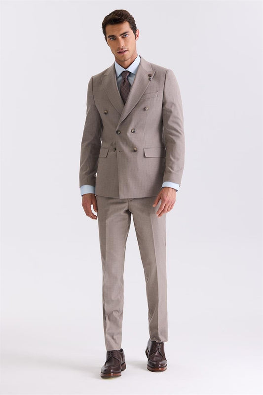 Beige Slim Fit Sharp Collar Striped Double Breasted Suit