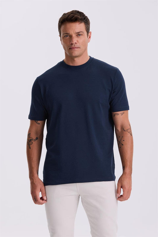 Navy 100% Cotton Patterned Round Collar T Shirt
