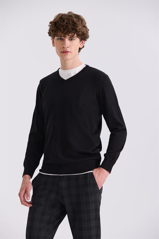 Black Slim Fit V Collar Knitted Sweater