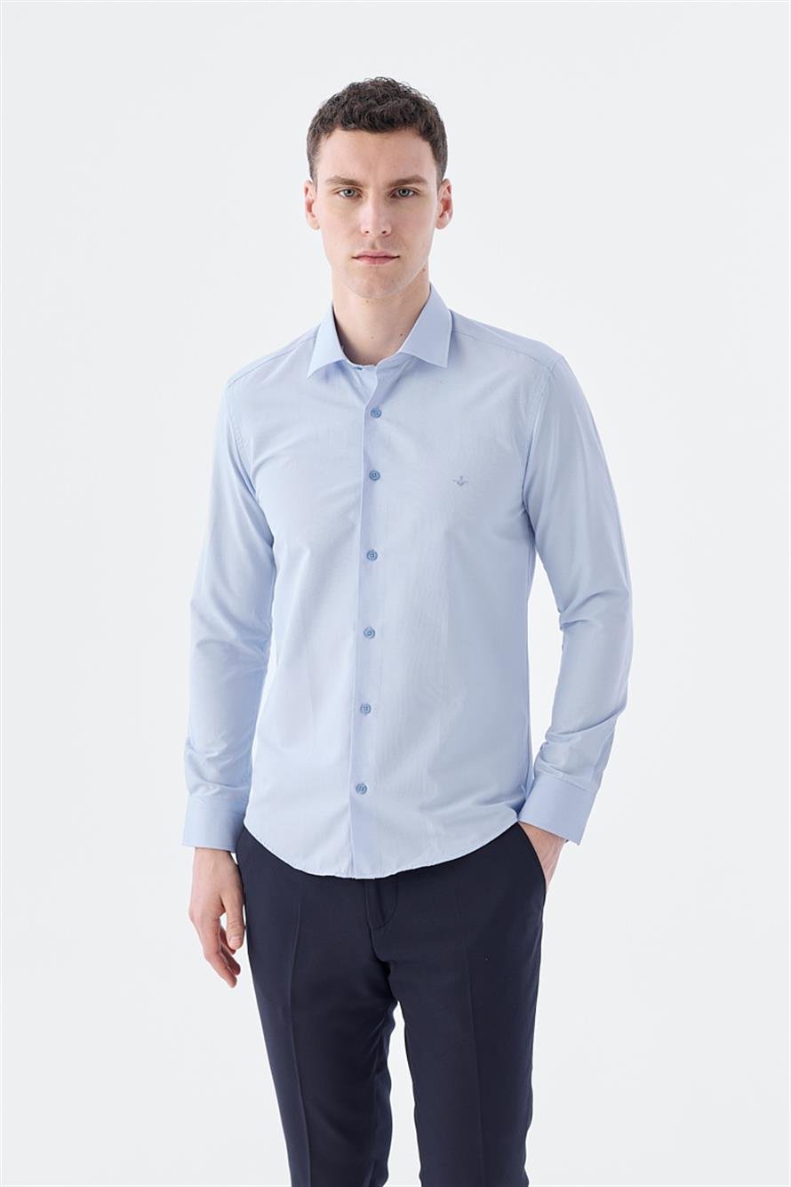 Blue Slim Fit Classic Collar Long Sleeve Classic Model Shirt With A Wide Collar